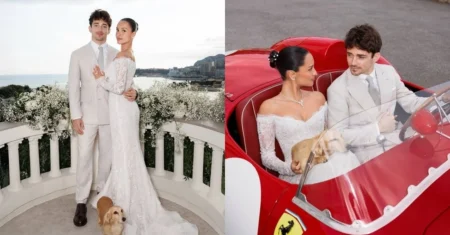 Casamento de Charles Leclerc detalhes do vestido de Alexandra Saint Mleux em Mônaco hoje